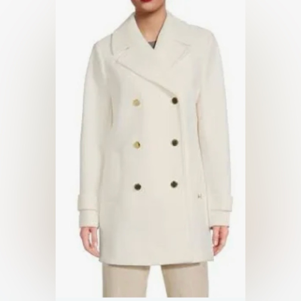 NWT Halston Ivory Faux Wool Double-Breasted Peacoat | Large | Gold Buttons